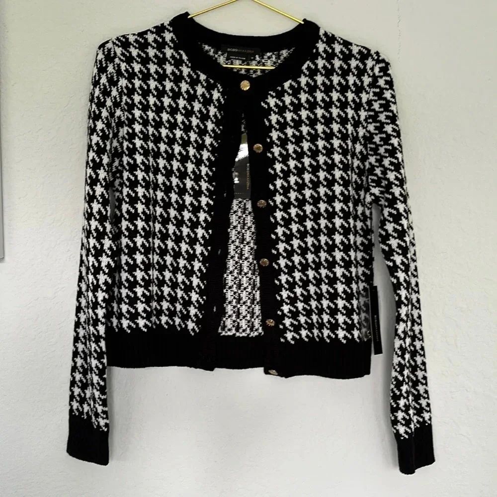 NWT BCBG Maxazria Black & White Houndstooth Print Cardigan M - Picture 2 of 7